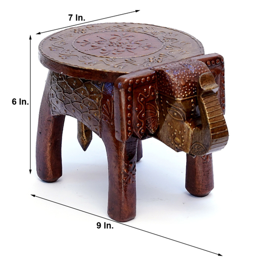 Handcrafted Wooden Elephant Stool Showpiece - Carved Figurine 6 Inch Tall Home Decor