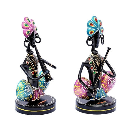 Pair of Metal Musician Figurines (7 In.) - Folk Art Black Djembe Drum & Flute Player