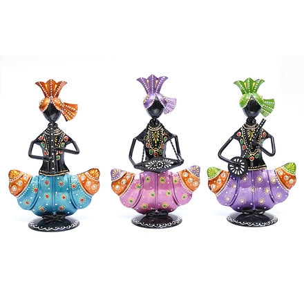 Set of 3 Handcrafted Metal Standing Musicians (8 In.) - Flute, Drum & Sitar Player Folk Art