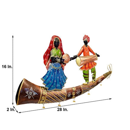 28-Inch Handcrafted Metal Musician Couple on Decorative Horn - Large Folk Art Wall/Table Decor
