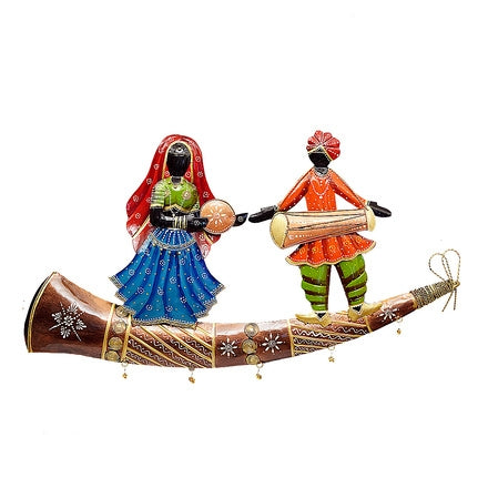 28-Inch Handcrafted Metal Musician Couple on Decorative Horn - Large Folk Art Wall/Table Decor