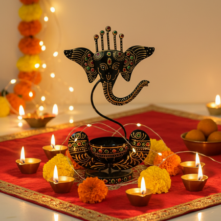 Handcrafted Metal Ganesha Head Showpiece & Tea Light Candle Holder - 11 Inch Black Folk Art Decor