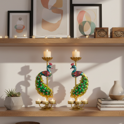 Handcrafted Metal Peacock Diya Holder (12 In.) - Tea Light Candle Stand & Showpiece