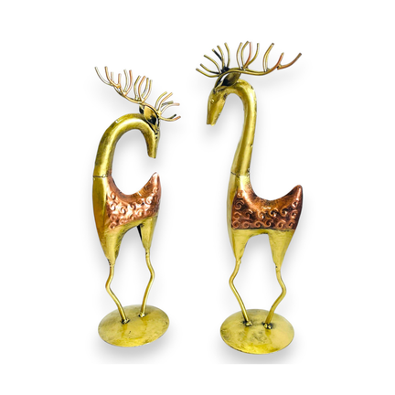 Set of 2 Tall Handcrafted Metal Deer Figurines (20 In. & 15 In.) - Rustic Gold & Copper Showpiece