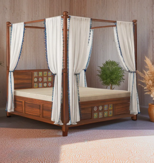 Sheesham Wood King Size Canopy Bed (72" x 78") with Multi-Color Tile Headboard - Natural Finish