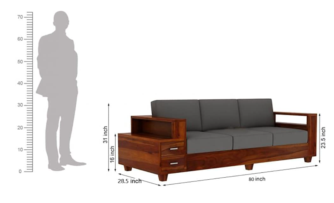 Solid Sheesham Wood Three-Seater Sofa Set with 2 Storage Drawers | Natural Finish