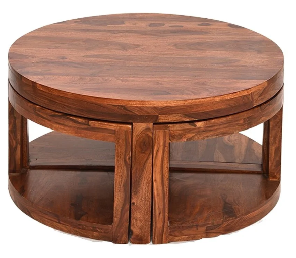 Sheesham Wood Round Nesting Coffee Table Set - Modern 2-Piece Center Table with Natural Finish