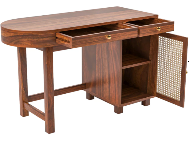 Sheesham Wood Modern Study Desk (47" L) - Cane Rattan Door & Drawers - Natural Finish