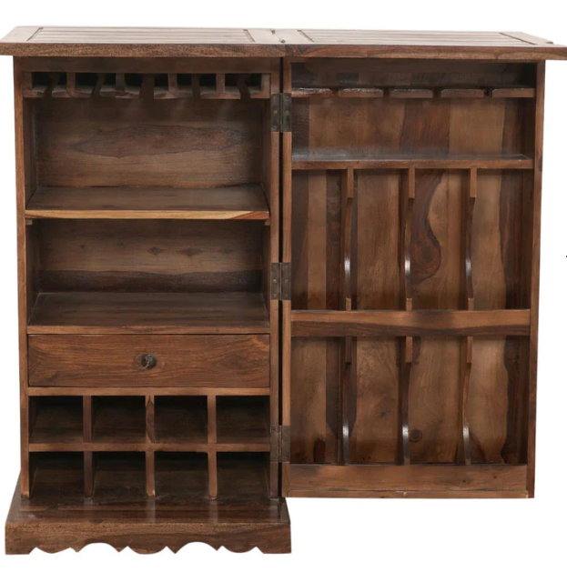 Sheesham Wood Compact Bar Cabinet (42" H) - Foldable Top, Wine Rack, Glass & Bottle Storage