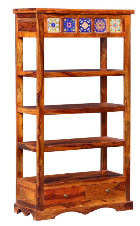 Sheesham Wood Bookshelf with Drawers | 5-Shelf Display Unit