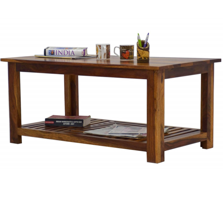 Solid Sheesham Wood Center Coffee Table with Shelf Storage for Home & Living Room (Natural Brown Finish)