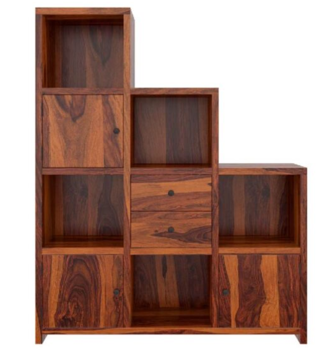 Stair Step Cube Bookcase With Doors & Drawers For Living Room (Natural Finish)