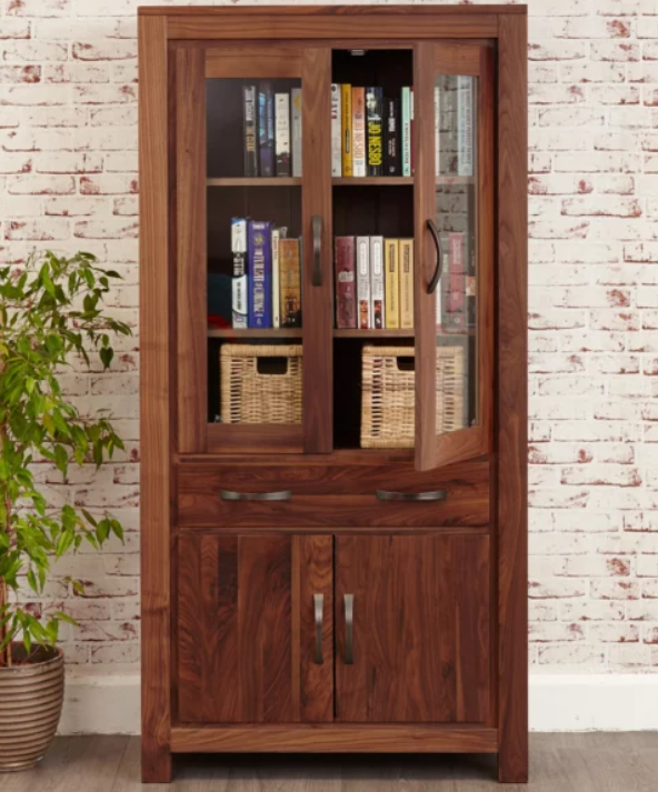 Solid Sheesham Wood Bookshelf With Doors For Book Storage in Natural Finish