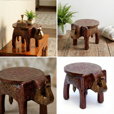 Handcrafted Wooden Elephant Stool Showpiece - Carved Figurine 6 Inch Tall Home Decor