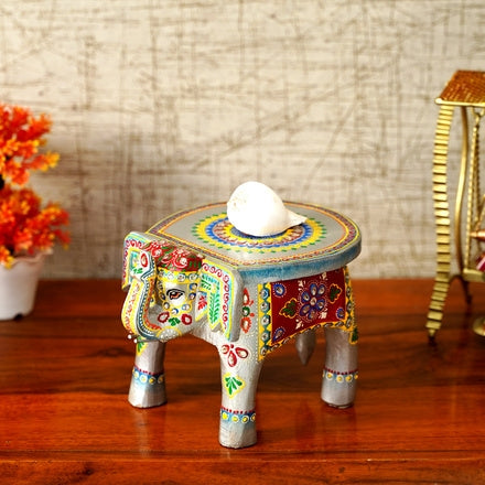 Hand-Painted Wooden Elephant Stool & Showpiece - 6 Inch Tall Indian Art Decor