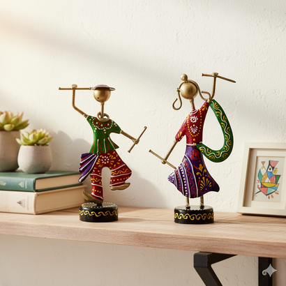 Pair of Hand-Painted Metal Dancing Figurines (6 In.) - Dandiya Couple Showpiece
