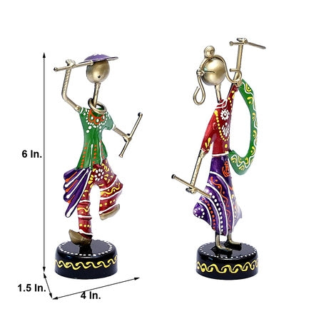 Pair of Hand-Painted Metal Dancing Figurines (6 In.) - Dandiya Couple Showpiece