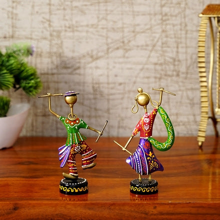 Pair of Hand-Painted Metal Dancing Figurines (6 In.) - Dandiya Couple Showpiece