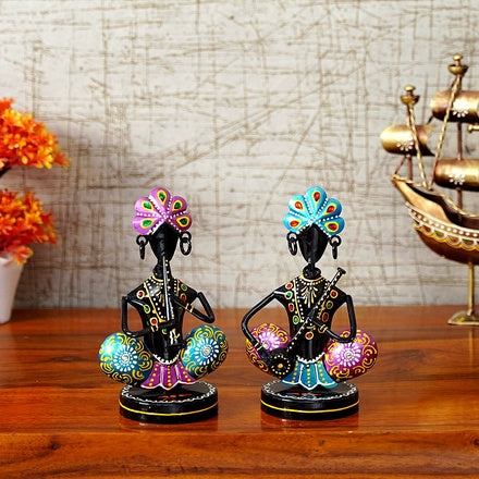 Pair of Metal Musician Figurines (7 In.) - Folk Art Black Djembe Drum & Flute Player