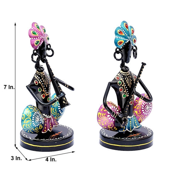 Pair of Metal Musician Figurines (7 In.) - Folk Art Black Djembe Drum & Flute Player