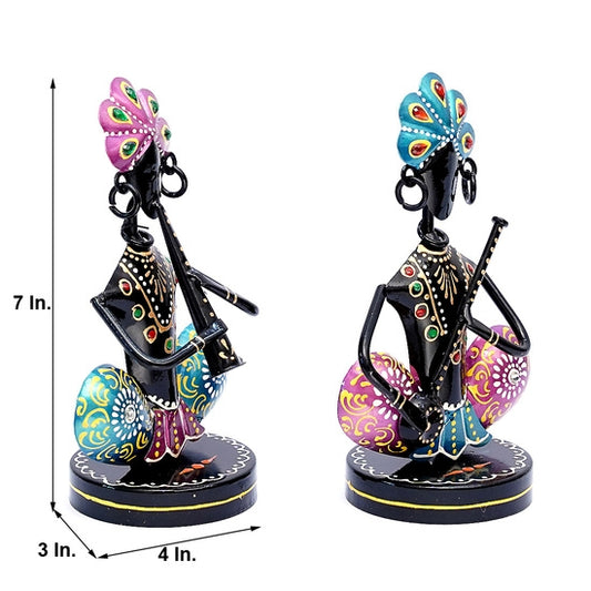 Pair of Metal Musician Figurines (7 In.) - Folk Art Black Djembe Drum & Flute Player