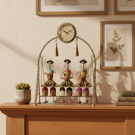 18-Inch Handcrafted Metal Musician Figurine Swing Clock & Key Holder - Antique Brass Finish