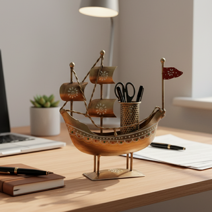 Artistic Metal Desk Organizers: Boat & Ship Pen Holders