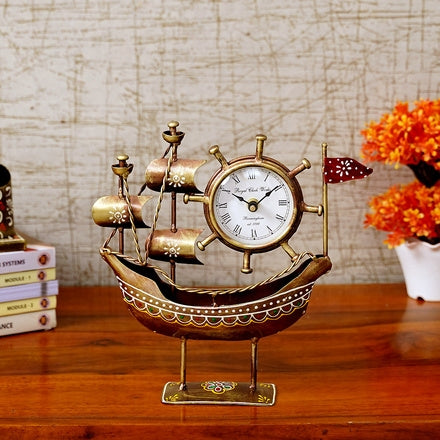 Handcrafted Metal Ship Wheel Clock on Boat Figurine (10 In.) - Nautical Table Decor