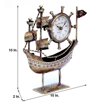 Handcrafted Metal Ship Wheel Clock on Boat Figurine (10 In.) - Nautical Table Decor
