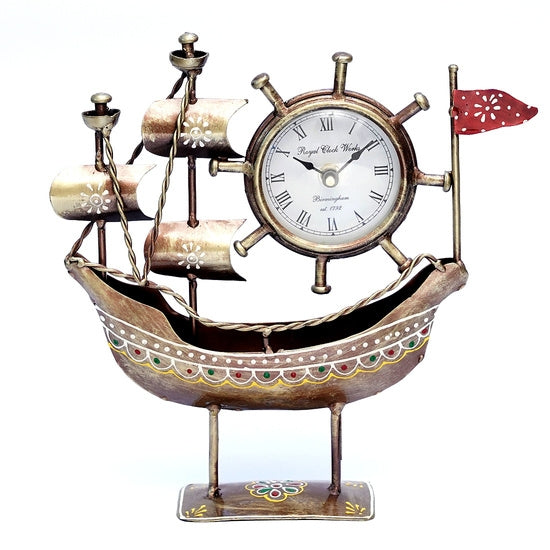Handcrafted Metal Ship Wheel Clock on Boat Figurine (10 In.) - Nautical Table Decor