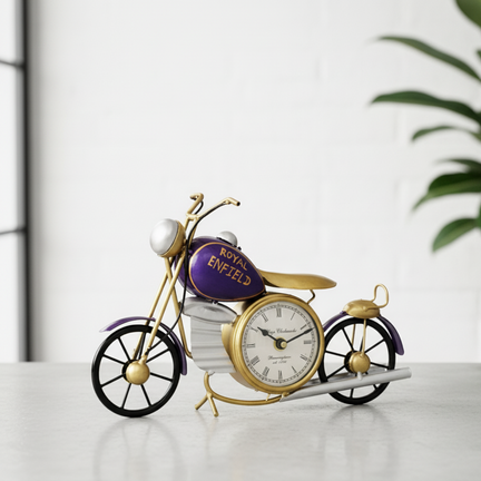 Vintage Royal Enfield Style Motorcycle Clock Figurine (11 In.) - Green & Gold Metal Decor