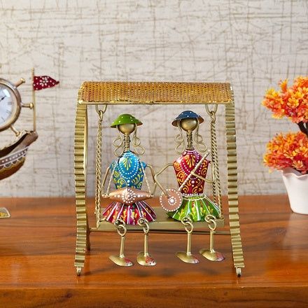 Handcrafted Small Metal Musician Couple on Swing Showpiece (10 In.) - Antique Folk Art Decor