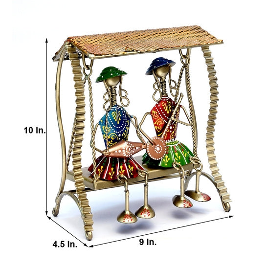 Handcrafted Small Metal Musician Couple on Swing Showpiece (10 In.) - Antique Folk Art Decor