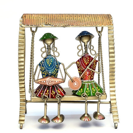 Handcrafted Small Metal Musician Couple on Swing Showpiece (10 In.) - Antique Folk Art Decor