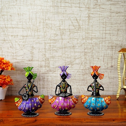 Set of 3 Handcrafted Metal Standing Musicians (8 In.) - Flute, Drum & Sitar Player Folk Art