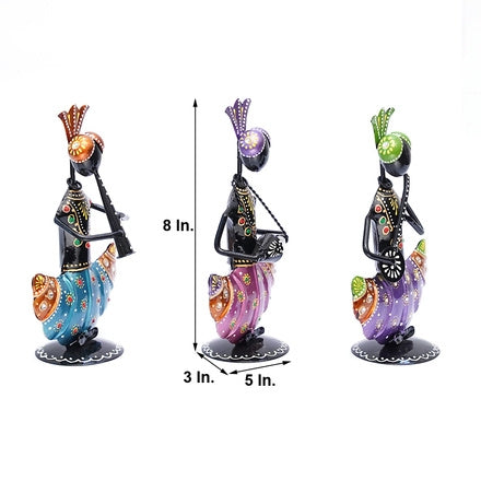Set of 3 Handcrafted Metal Standing Musicians (8 In.) - Flute, Drum & Sitar Player Folk Art