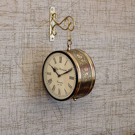 Vintage Brass Table Clock (8 In.) - Desk Alarm Clock with Floral Engravings