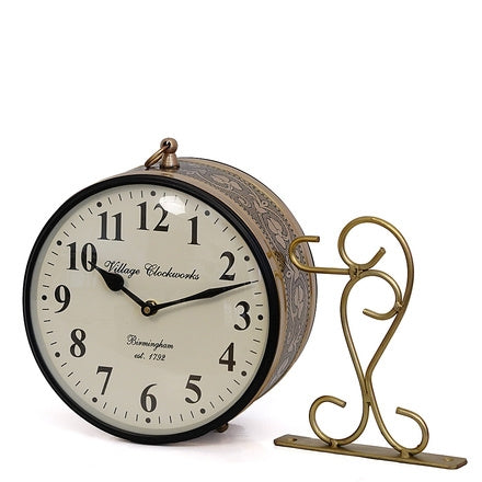 Vintage Brass Table Clock (8 In.) - Desk Alarm Clock with Floral Engravings