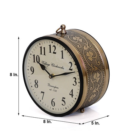 Vintage Brass Table Clock (8 In.) - Desk Alarm Clock with Floral Engravings