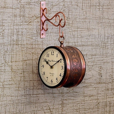 Vintage Copper Desk Clock (7 In.) - Engraved Metal Tabletop Alarm Clock