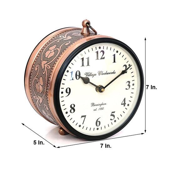 Vintage Copper Desk Clock (7 In.) - Engraved Metal Tabletop Alarm Clock
