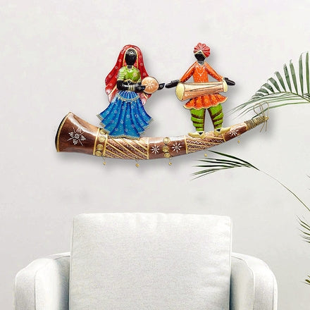 28-Inch Handcrafted Metal Musician Couple on Decorative Horn - Large Folk Art Wall/Table Decor
