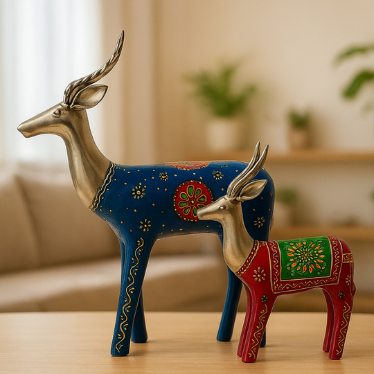 Set of 2 Hand-Painted Metal Deer Figurines (12 In. & 10 In.) - Folk Art Antelope Showpiece