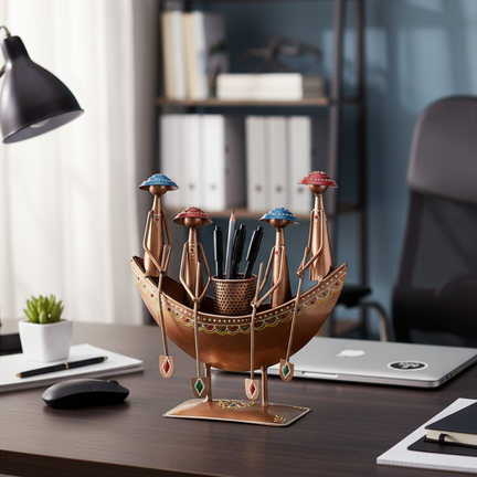 Handcrafted Metal Rowing Boat Showpiece with 4 Human Figurines - 11 Inch Home Decor