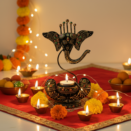 Handcrafted Metal Ganesha Head Showpiece & Tea Light Candle Holder - 11 Inch Black Folk Art Decor