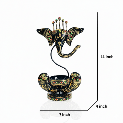 Handcrafted Metal Ganesha Head Showpiece & Tea Light Candle Holder - 11 Inch Black Folk Art Decor