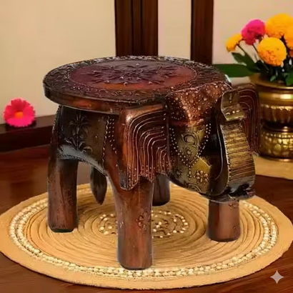 Large Hand-Carved Wooden Elephant Stool (8 In. Tall) - Traditional Ethnic Decor & Side Table