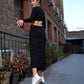 Sassafras Women's Solid Black Rib Waist Cut Out Maxi Dress