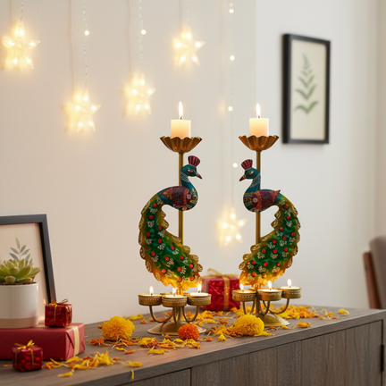 Handcrafted Metal Peacock Diya Holder (12 In.) - Tea Light Candle Stand & Showpiece