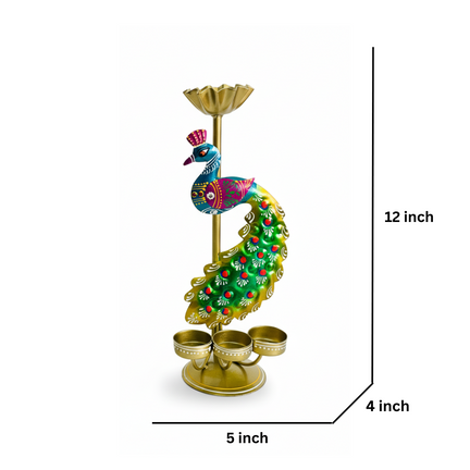 Handcrafted Metal Peacock Diya Holder (12 In.) - Tea Light Candle Stand & Showpiece
